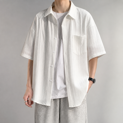Men's Short Sleeve Shirt - Crinkle Texture Casual Button Down