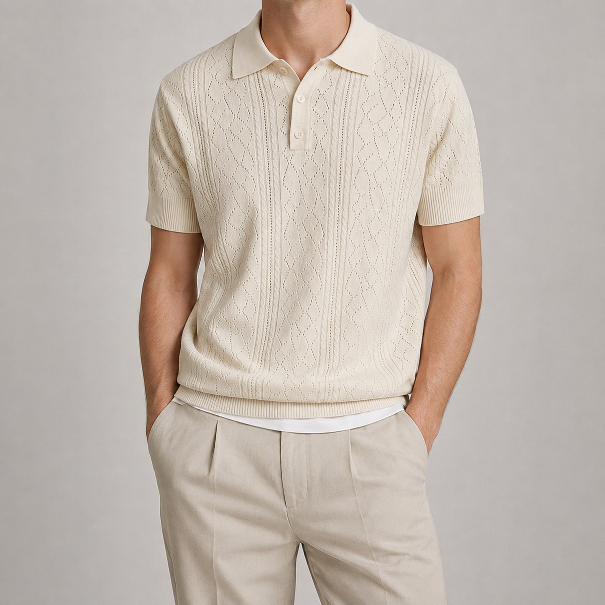 Men's Knit Polo Shirt - Pointelle Short Sleeve Casual Top