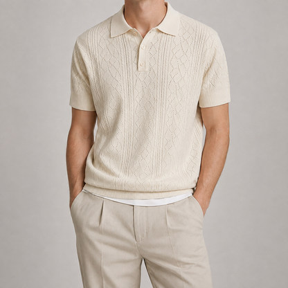Men's Knit Polo Shirt - Pointelle Short Sleeve Casual Top