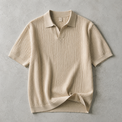 Men's Knit Polo Shirt - Open Collar Short Sleeve Casual Top