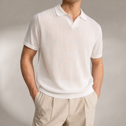 Men's Knit Polo Shirt - Open Collar Short Sleeve Casual Top