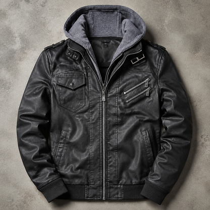 Men's Faux Leather Jacket - Hooded Moto Motorcycle Jacket