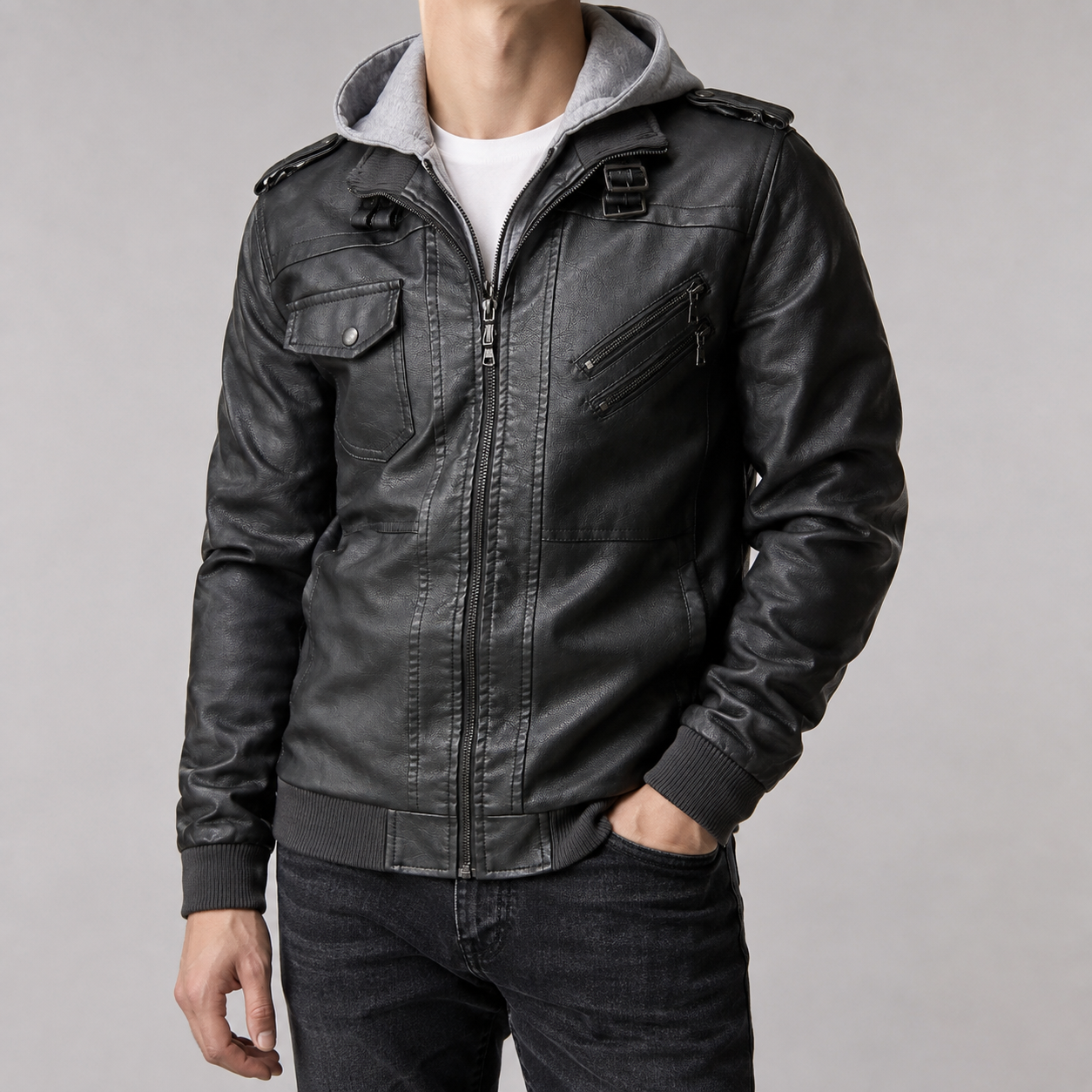 Men's Faux Leather Jacket - Hooded Moto Motorcycle Jacket