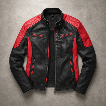 Men's Faux Leather Biker Jacket - Color Block Motorcycle Style