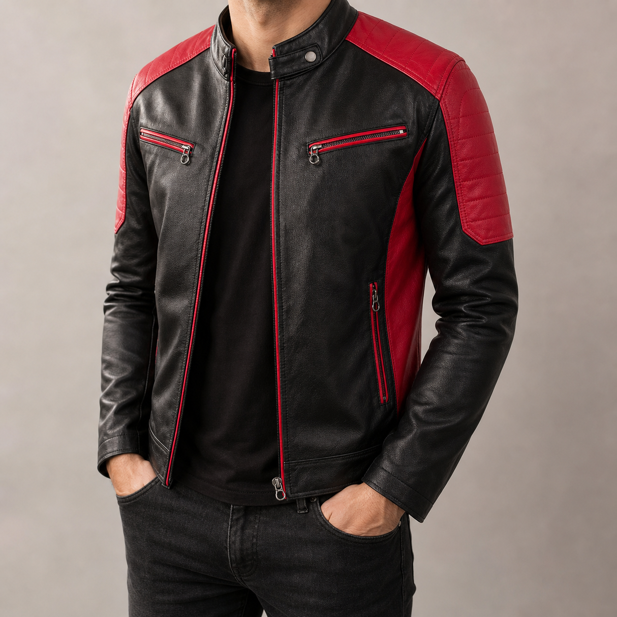 Men's Faux Leather Biker Jacket - Color Block Motorcycle Style