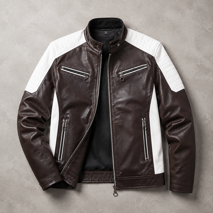 Men's Faux Leather Biker Jacket - Color Block Motorcycle Style