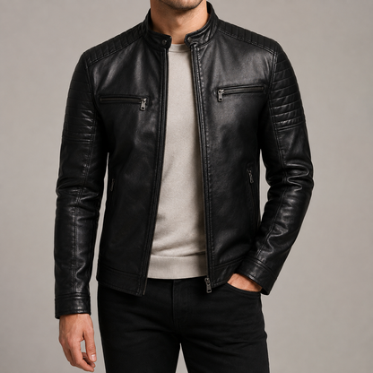 Men's Faux Leather Jacket - Quilted Shoulder Casual Outerwear