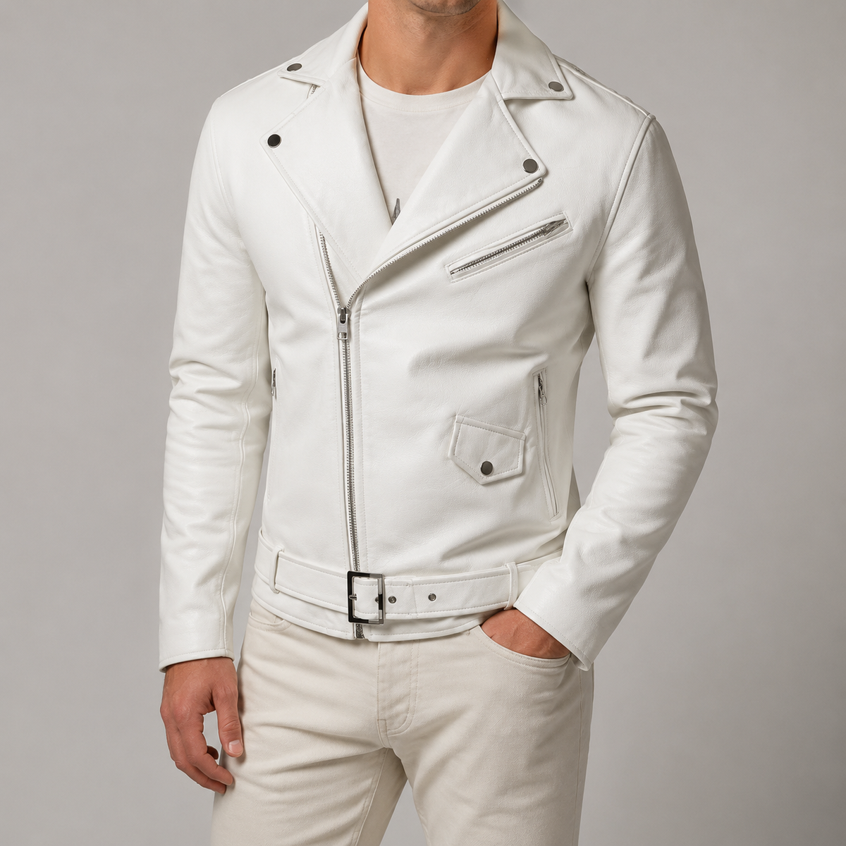 Men's Faux Leather Moto Jacket - Asymmetric Zip Motorcycle Style