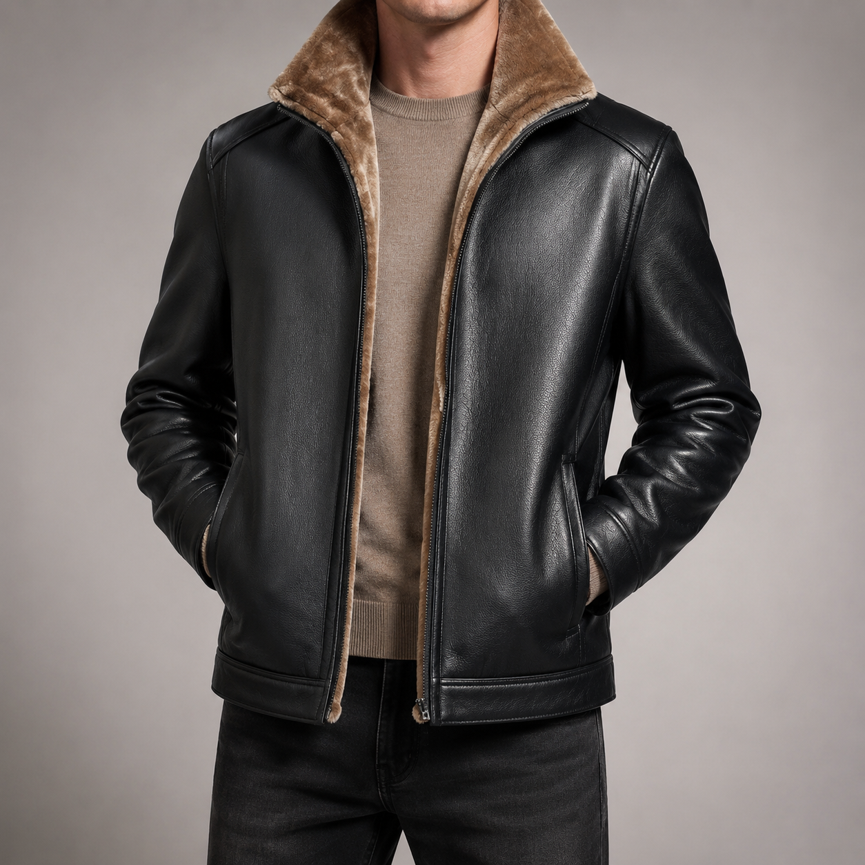 Men's Faux Leather Jacket - Faux Fur Lined Warm Winter Outerwear