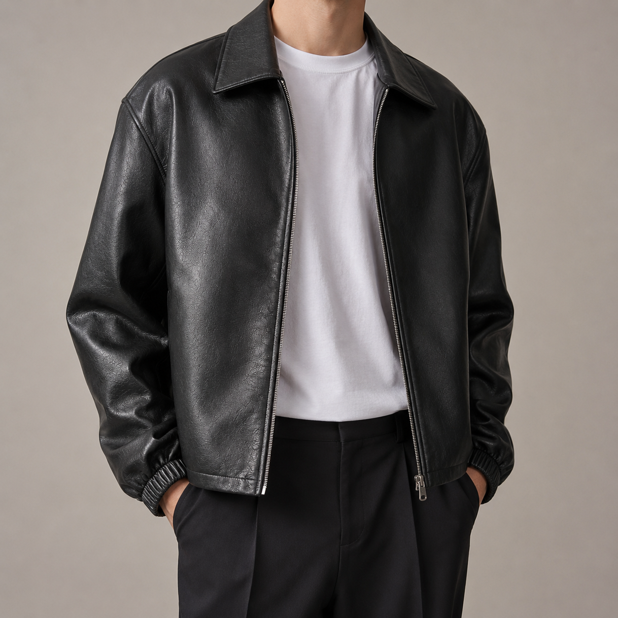 Men's Faux Leather Jacket - Boxy Fit Casual Outerwear