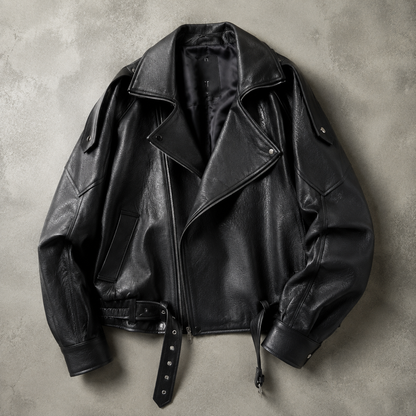 Men's Biker Jacket - Oversized Belted Motorcycle Style