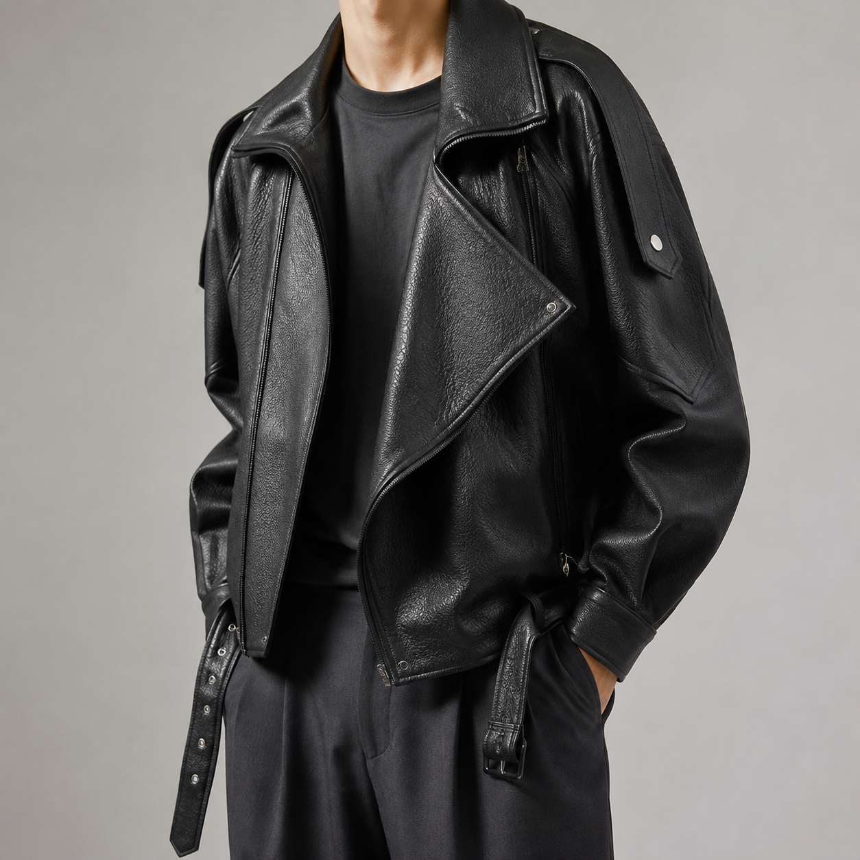 Men's Biker Jacket - Oversized Belted Motorcycle Style
