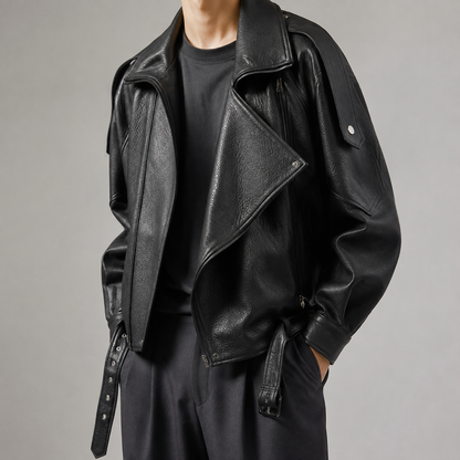 Men's Biker Jacket - Oversized Belted Motorcycle Style