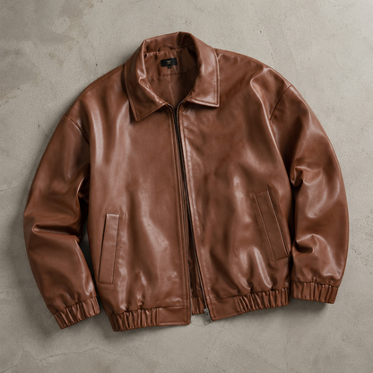 Men's Faux Leather Jacket - Relaxed Fit Zip Front Outerwear