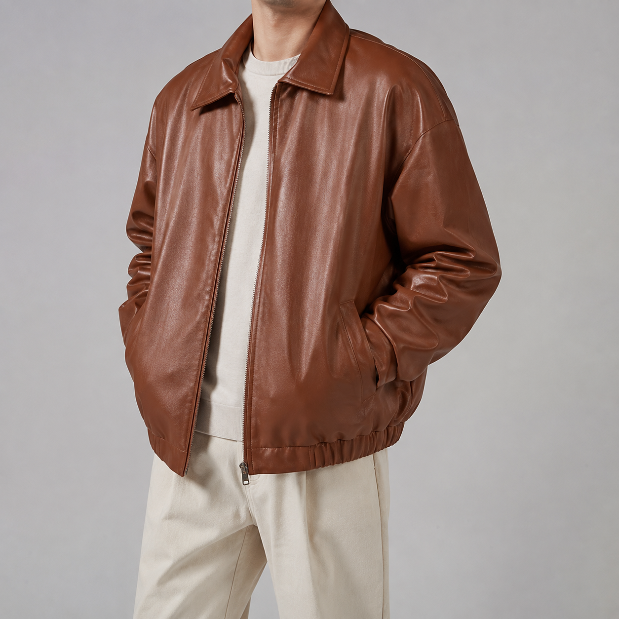 Men's Faux Leather Jacket - Relaxed Fit Zip Front Outerwear