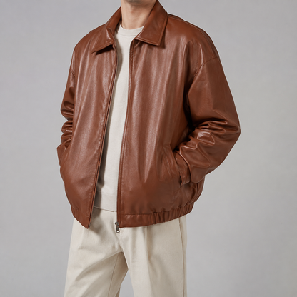 Men's Faux Leather Jacket - Relaxed Fit Zip Front Outerwear