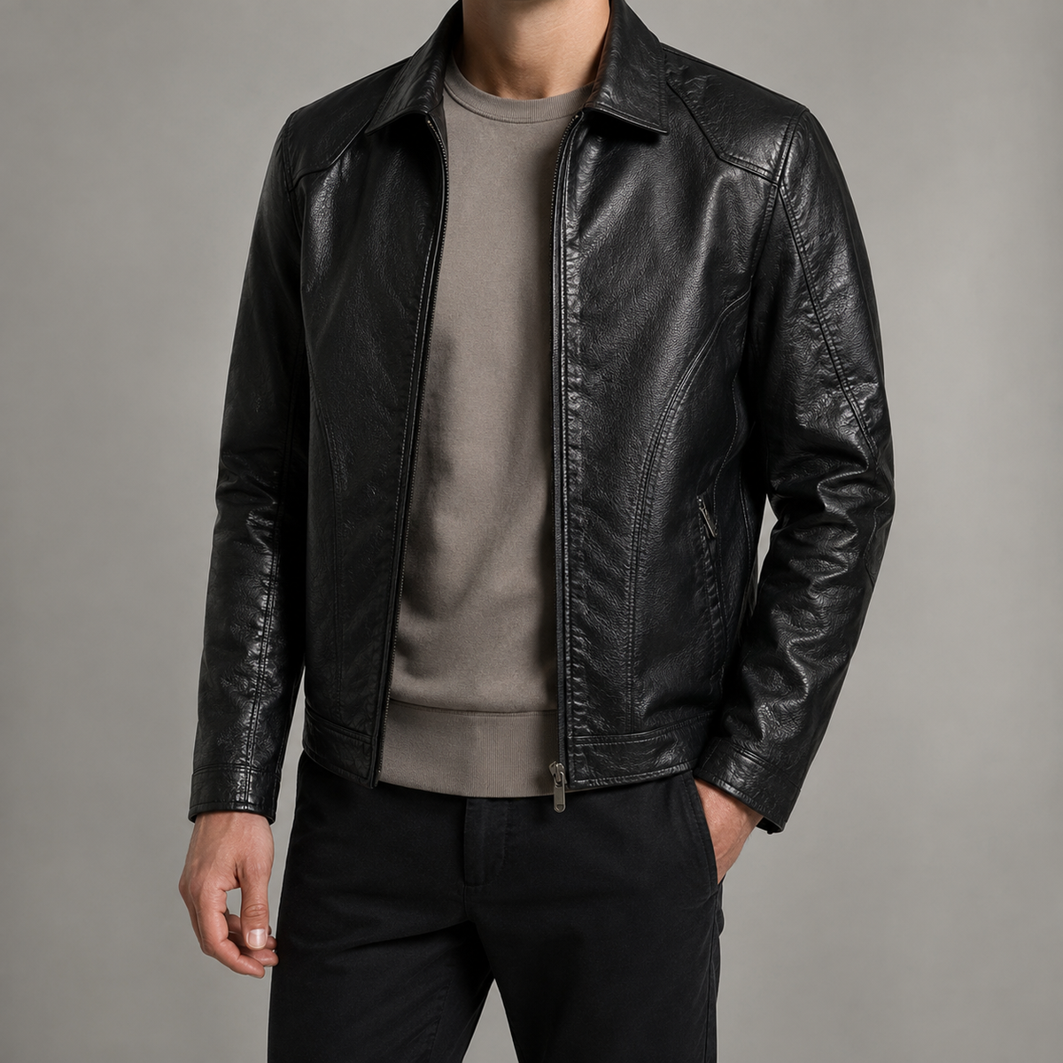 Men's Faux Leather Jacket - Slim Fit Motorcycle Style