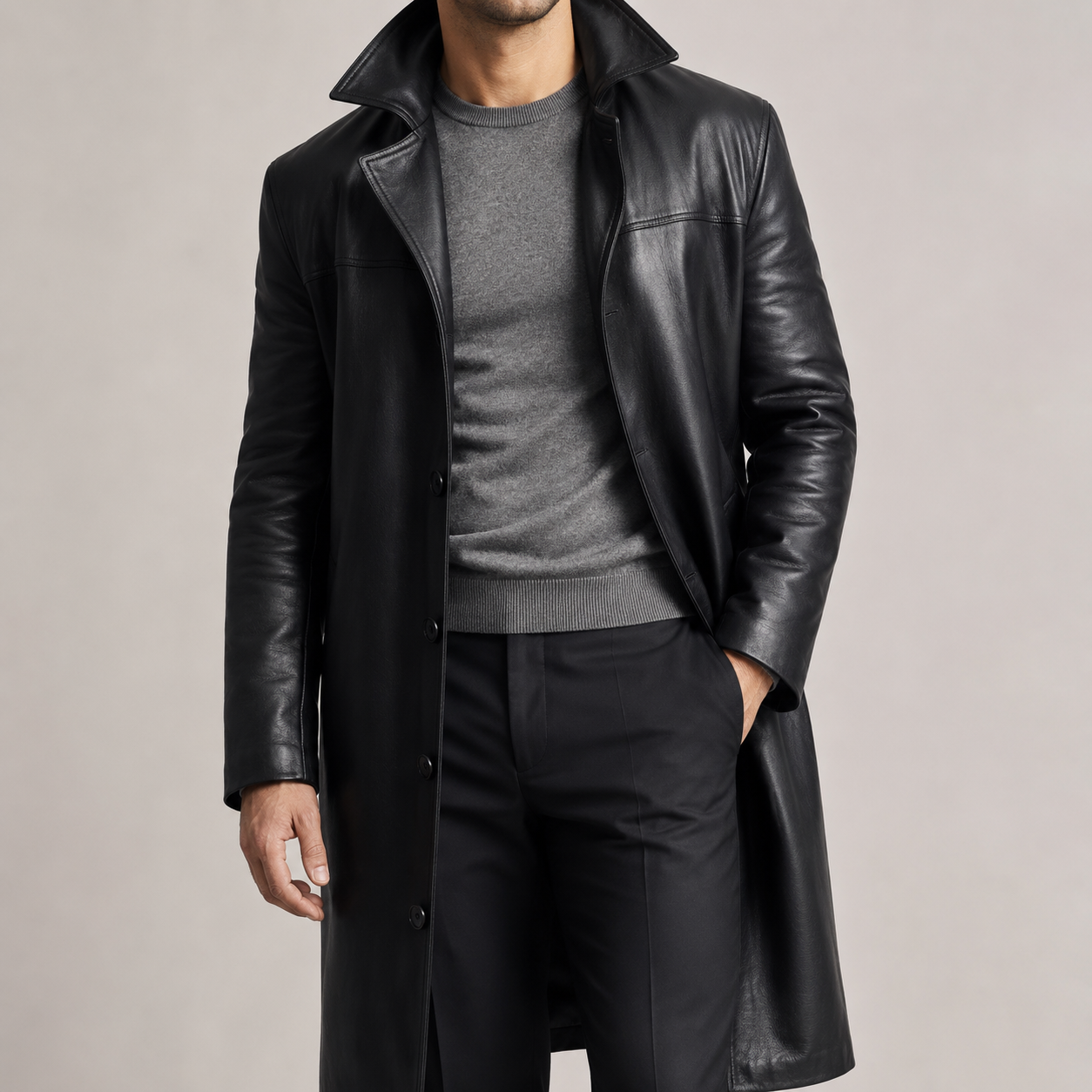 Men's Faux Leather Trench Coat - Longline Casual Outerwear