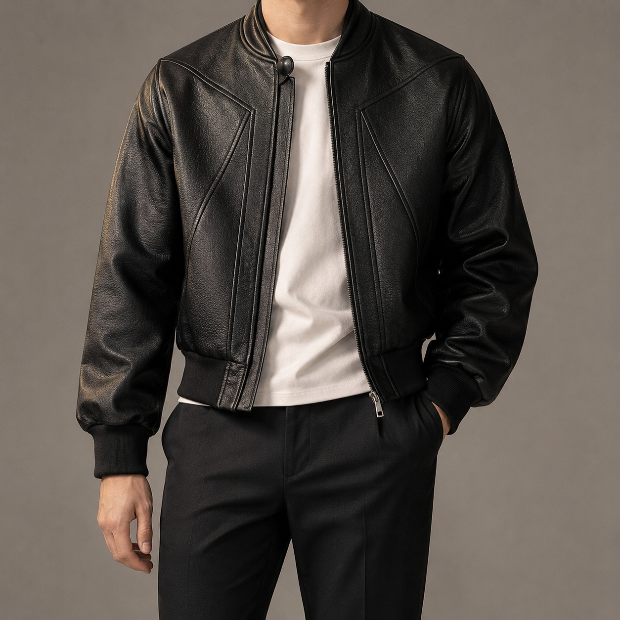 Men's Faux Leather Bomber Jacket - Cropped Casual Outerwear