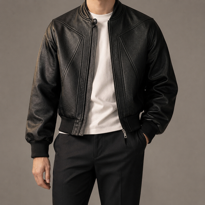 Men's Faux Leather Bomber Jacket - Cropped Casual Outerwear