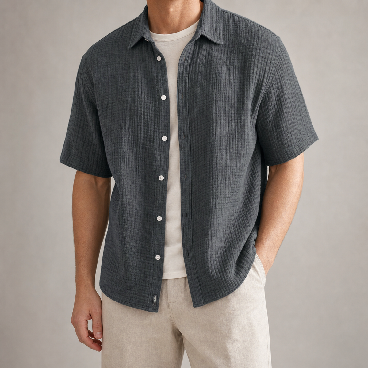 Men's Cotton Shirt - Textured Short Sleeve Casual Button Down