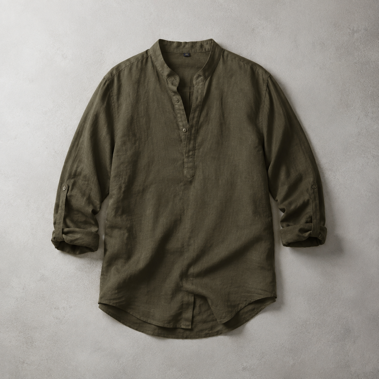 Men's Linen Blend Shirt - Band Collar Casual Button Down