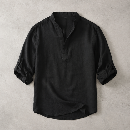 Men's Linen Blend Shirt - Band Collar Casual Button Down