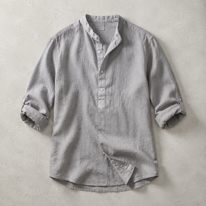 Men's Linen Blend Shirt - Band Collar Casual Button Down