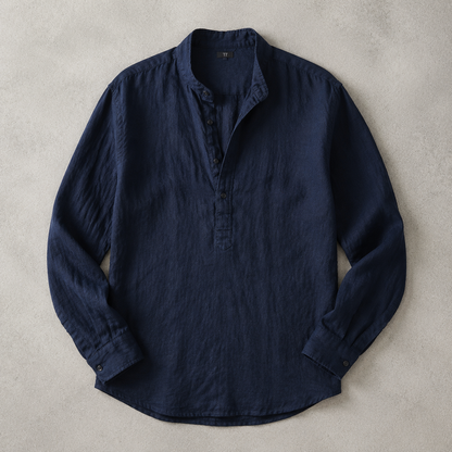 Men's Linen Blend Shirt - Band Collar Casual Button Down