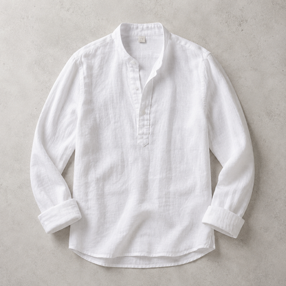 Men's Linen Blend Shirt - Band Collar Casual Button Down