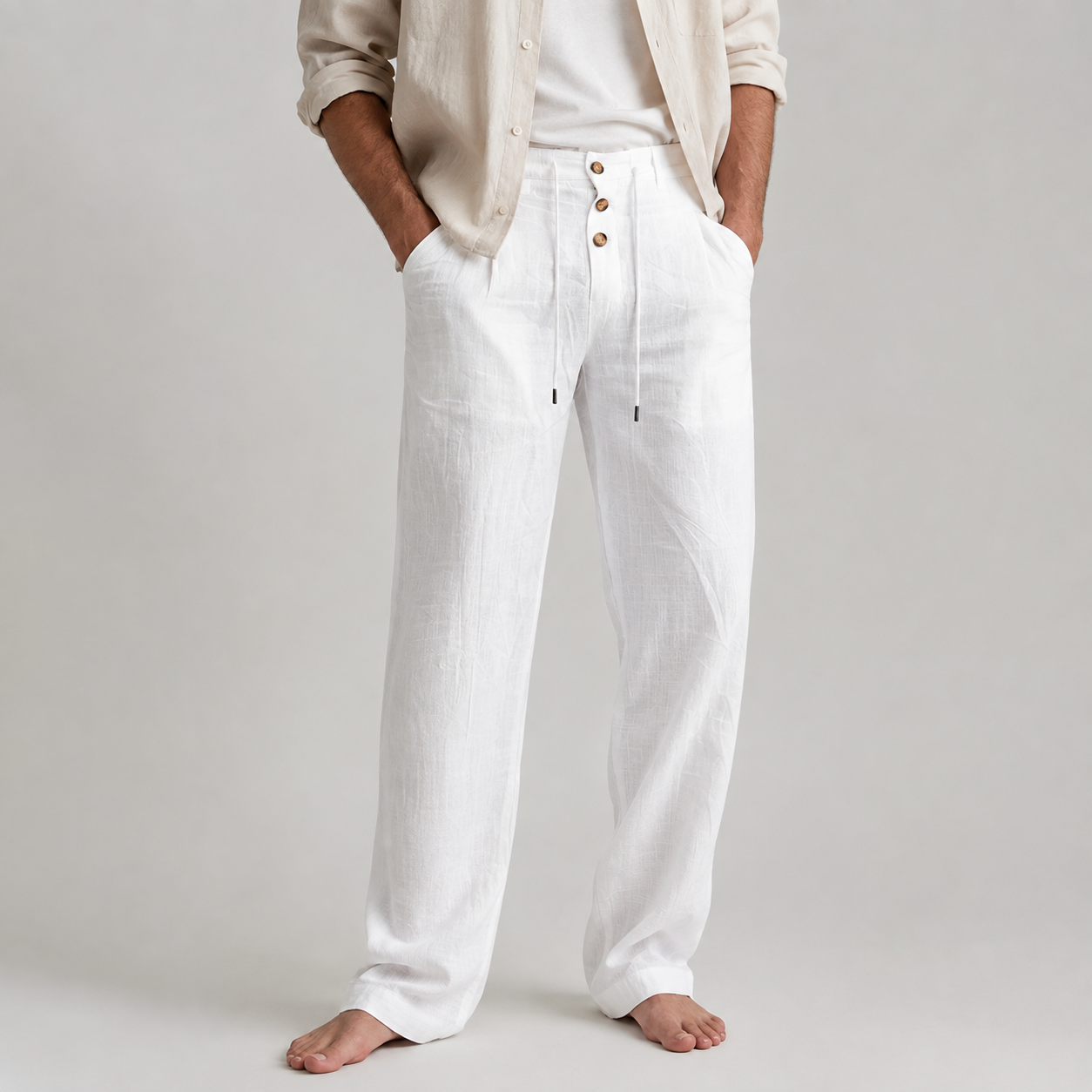 Men's Linen Pants - Drawstring Straight Leg Casual Trousers