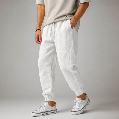 Men's Cotton Linen Jogger Pants - Cuffed Casual Trousers