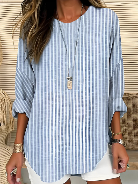 Tori | Relaxed Summer Striped Blouse with Chic Crew Neckline Design