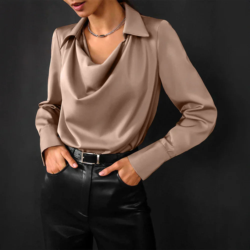 Raina | Classic Elegant Office Blouse with Long Sleeve Draped Neckline Design