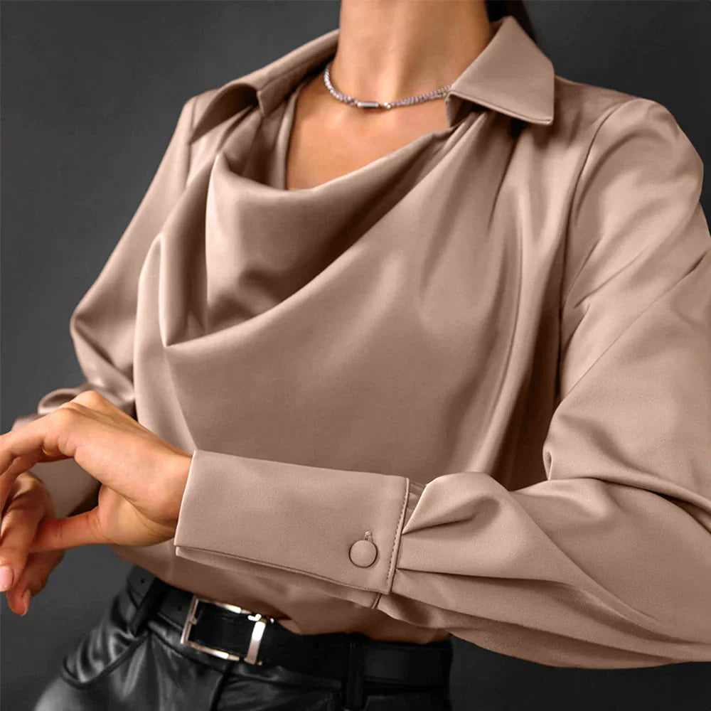 Raina | Classic Elegant Office Blouse with Long Sleeve Draped Neckline Design