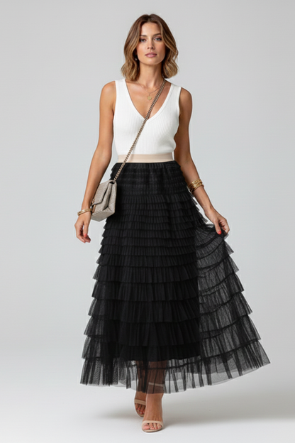 Amorette | Multiple Tiered Layered Midi Tulle Skirt with Stretch Waist