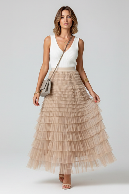 Amorette | Multiple Tiered Layered Midi Tulle Skirt with Stretch Waist
