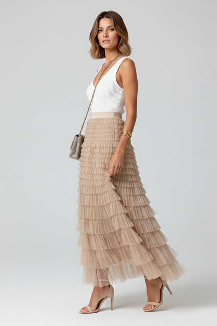 Amorette | Multiple Tiered Layered Midi Tulle Skirt with Stretch Waist
