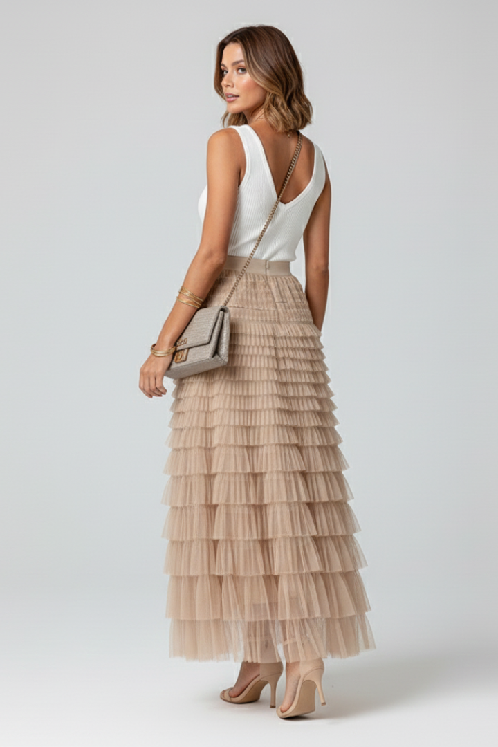 Amorette | Multiple Tiered Layered Midi Tulle Skirt with Stretch Waist