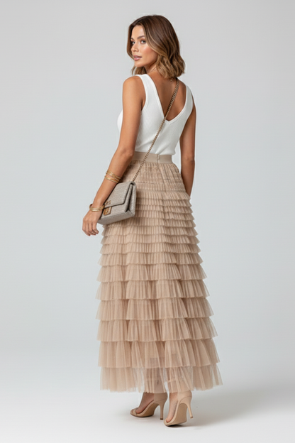 Amorette | Multiple Tiered Layered Midi Tulle Skirt with Stretch Waist