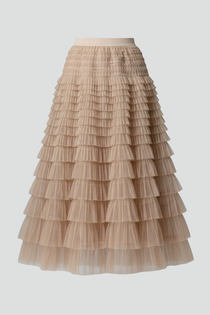 Amorette | Multiple Tiered Layered Midi Tulle Skirt with Stretch Waist