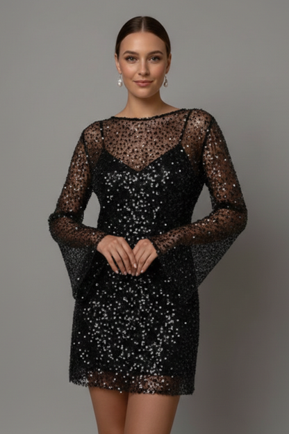 Rosette | Elegant Two-Layer Mini Wedding Guest Dress with Mesh Overlay Design