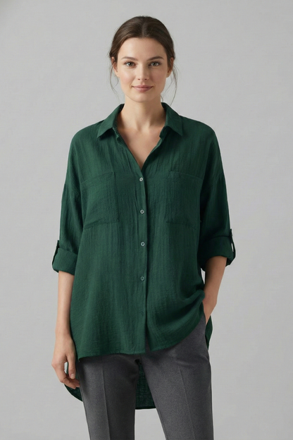 Aubrielle | Stylish Long Plain Blouse with Collar and Button Fastening