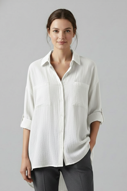 Aubrielle | Stylish Long Plain Blouse with Collar and Button Fastening