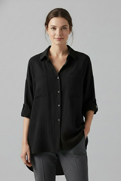 Aubrielle | Stylish Long Plain Blouse with Collar and Button Fastening