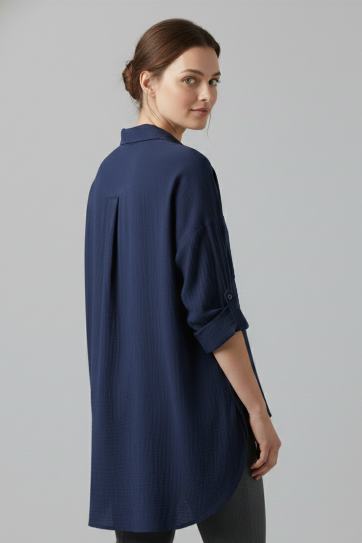Aubrielle | Stylish Long Plain Blouse with Collar and Button Fastening