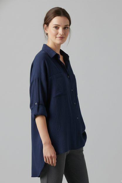 Aubrielle | Stylish Long Plain Blouse with Collar and Button Fastening