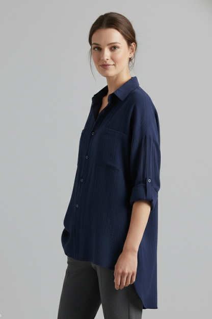Aubrielle | Stylish Long Plain Blouse with Collar and Button Fastening