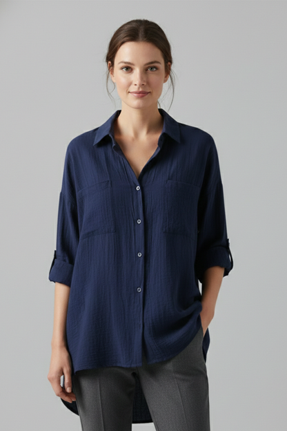 Aubrielle | Stylish Long Plain Blouse with Collar and Button Fastening