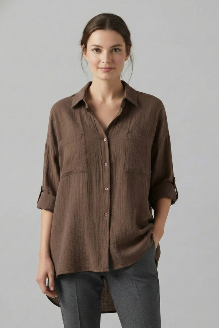 Aubrielle | Stylish Long Plain Blouse with Collar and Button Fastening